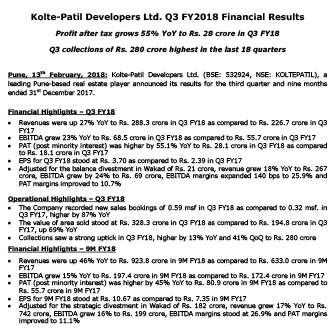Kolte-Patil Developers Ltd. Q3 FY2018 Financial Results - Life Republic